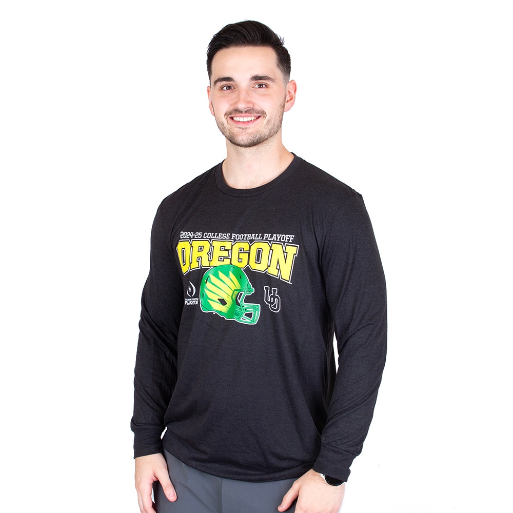 Playoffs, McKenzie SewOn, Black, Long Sleeve, Men, Unisex, Football, 2024, Post Season, Oregon, Football Helmet design, T-Shirt, 919504